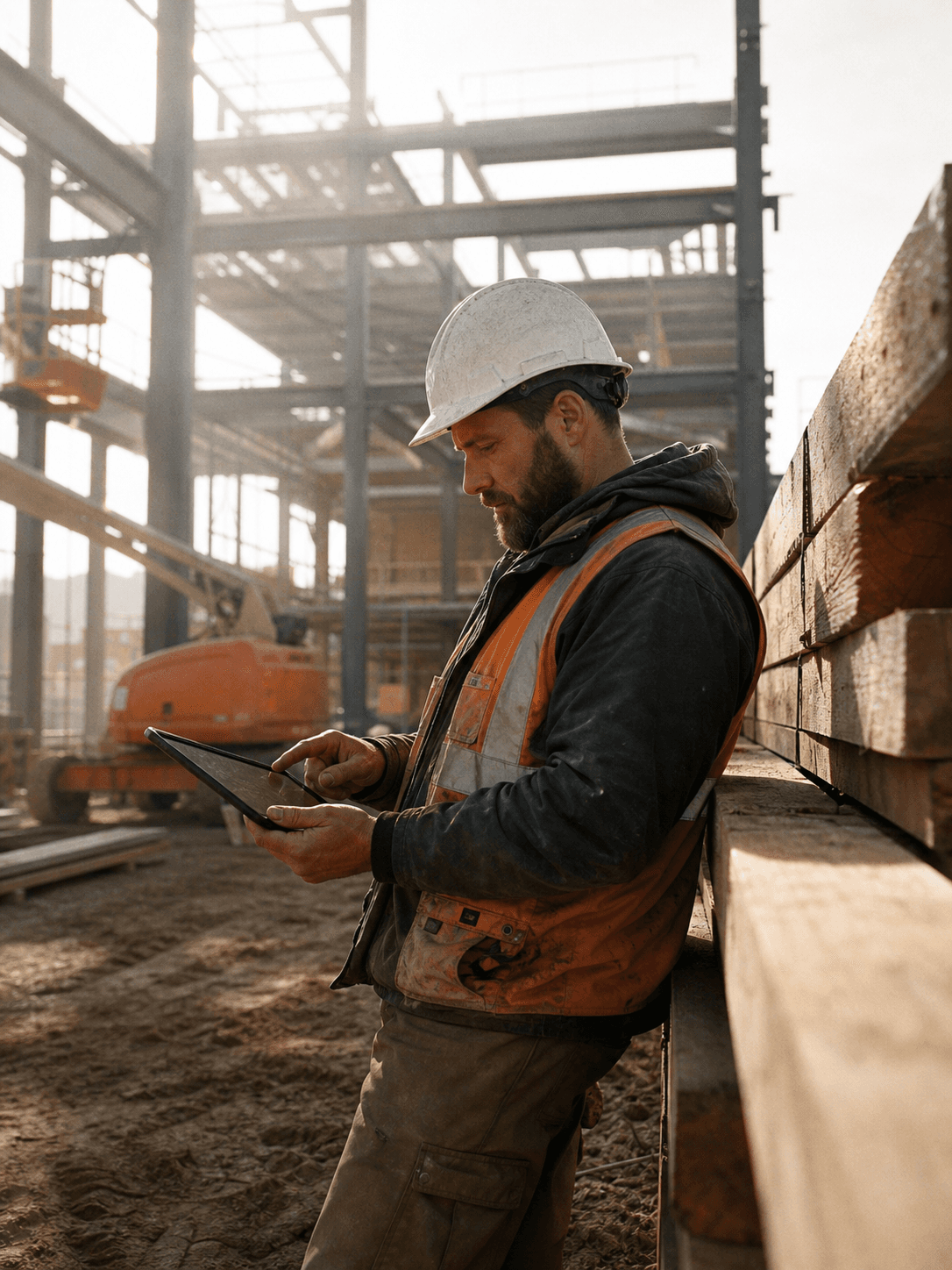 A site manager reviewing drawings on a tablet at a commercial construction site