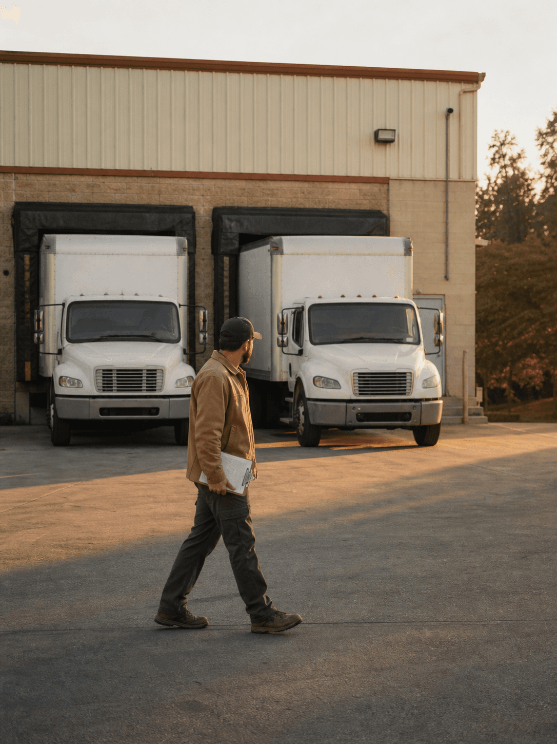 Trucks at the loading docks of a mid-sized freight yard at golden hour
